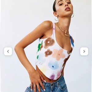 With Jean White Floral Tank Top with Multicolor Blooms